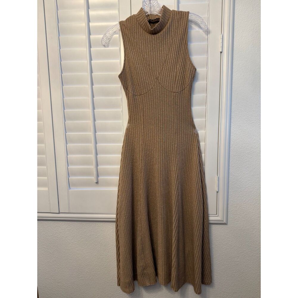 Zara Metallic Gold Ribbed Knit Mock Neck Midi A-Line Dress Medium